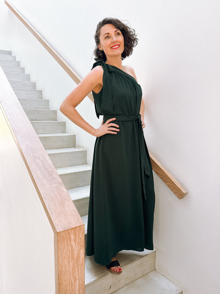 One Shoulder Maxi Dress in Forrest Green